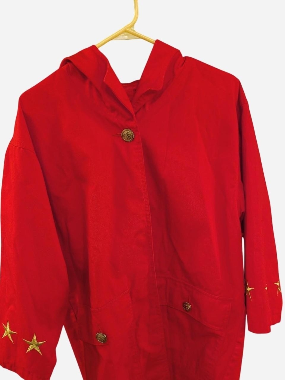 Vintage Red Hooded Trench Coat with Gold Star Accents